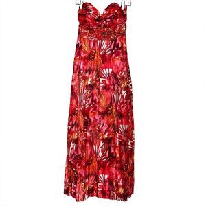 Deb's Y2K Strapless Sequin Coral Colorful Pleated Formal Prom Maxi Gown